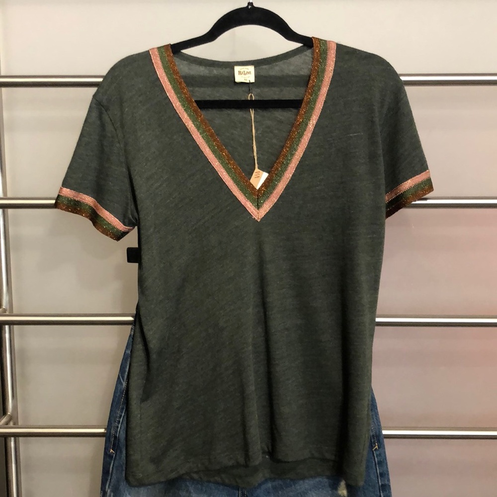 Relove V Neck Tee with Sparkle Stripe Details